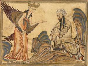 A depiction of Muhammad receiving his first revelation from the angel Gabriel. From the manuscript Jami' al-tawarikh by Rashid-al-Din Hamadani, 1307, Ilkhanate period.